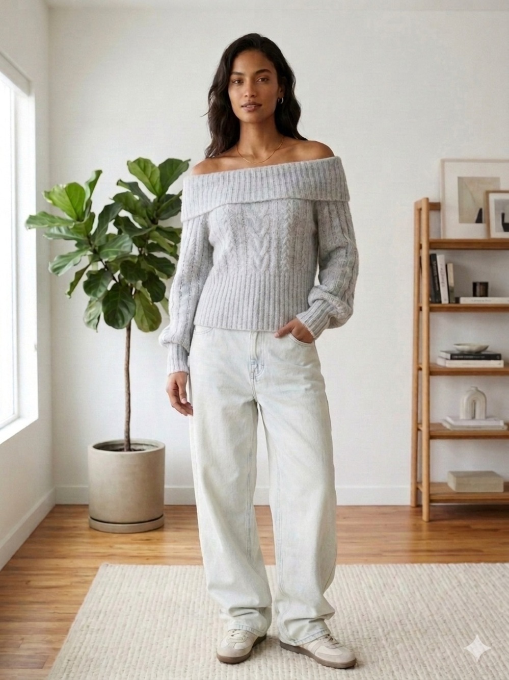 Banana Republic Grey Off-The-Shoulder Cable Knit Sweater